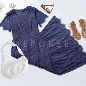 Merokeety Women's V Neck Short Sleeve Floral Lace Dress (M) Navy